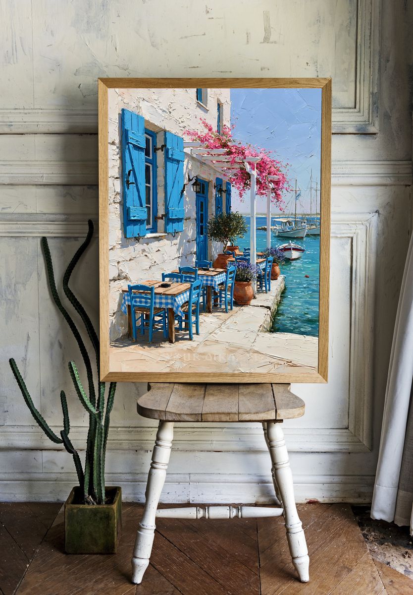 Greek Seaside Cafe — Fine-Art Print. — room view 1