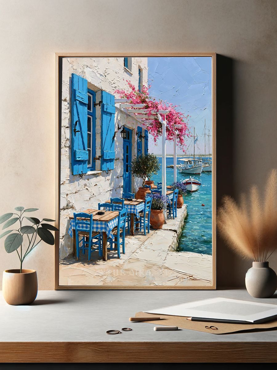Greek Seaside Cafe — Fine-Art Print. — room view 2