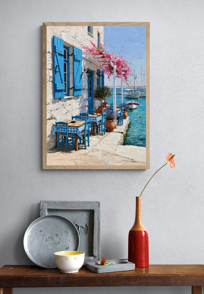 Greek Seaside Cafe — Fine-Art Print. — room view 3
