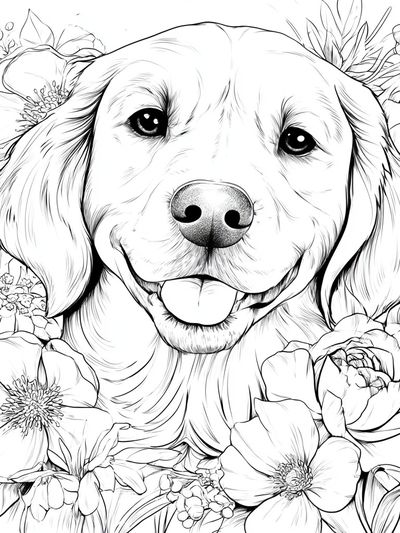 Golden Retriever Floral Line-Art Poster.