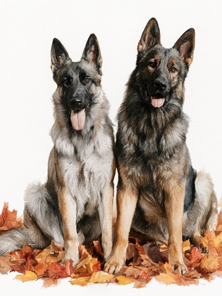German Shepherds in Autumn Leaves Print. poster detail