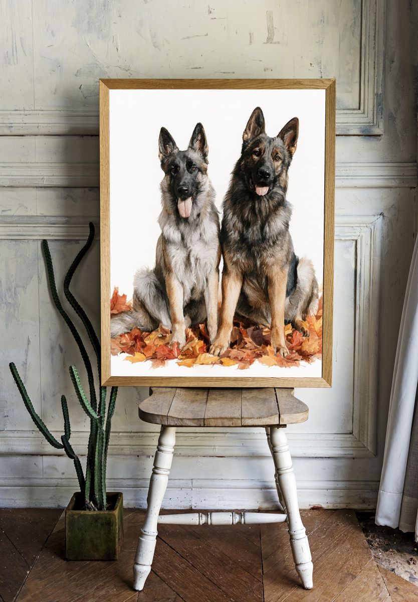German Shepherds in Autumn Leaves Print. room preview