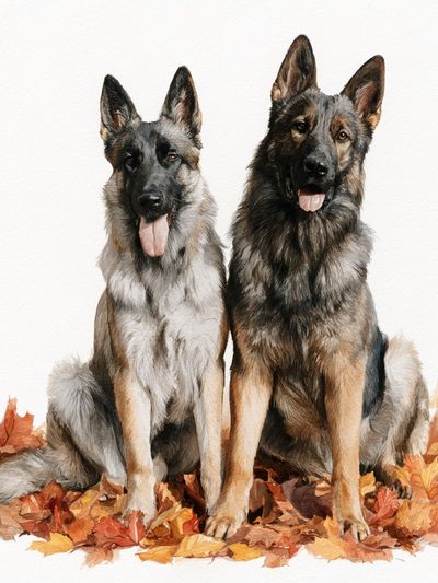 German Shepherds in Autumn Leaves Print.