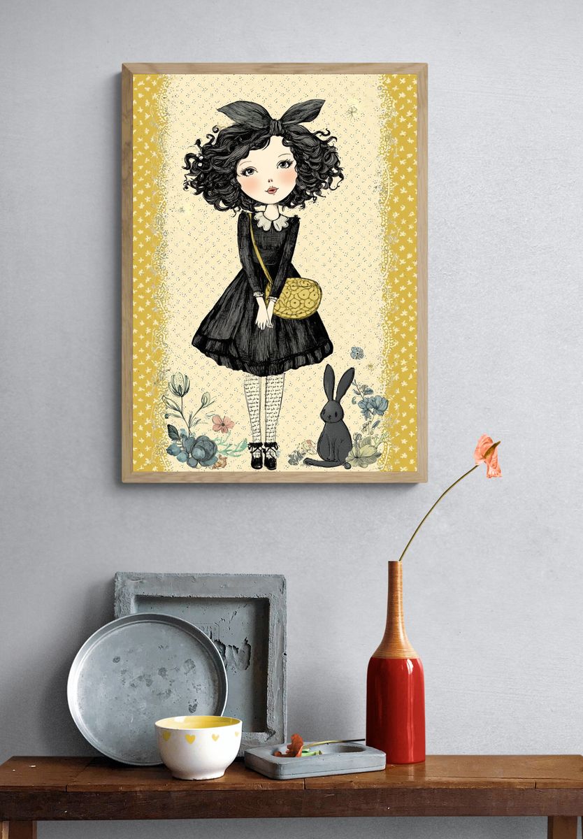 Girl with Bunny — Illustration Print. — room view 3
