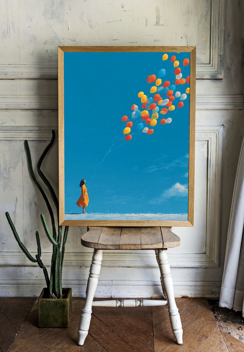 Girl with Balloons — Digital Art Print. — room view 1
