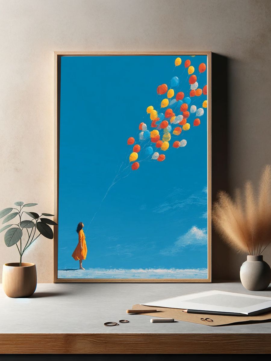 Girl with Balloons — Digital Art Print. — room view 2