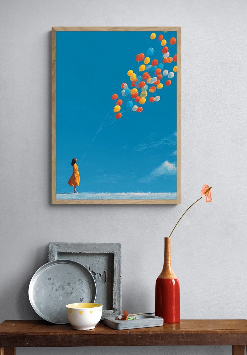 Girl with Balloons — Digital Art Print. — room view 3