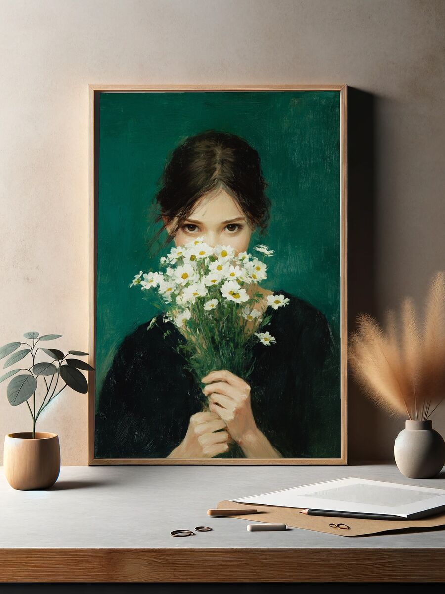 Girl with Daisies — Fine Art Print. — room view 2
