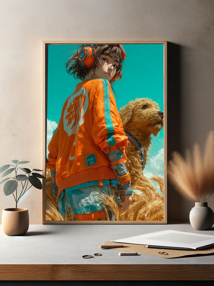 Girl with Dog — Digital Art Print. — room view 2