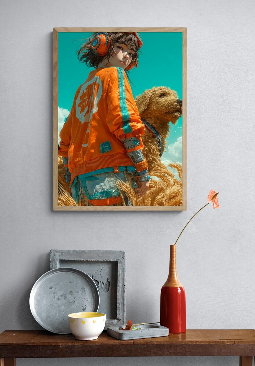 Girl with Dog — Digital Art Print. — room view 3