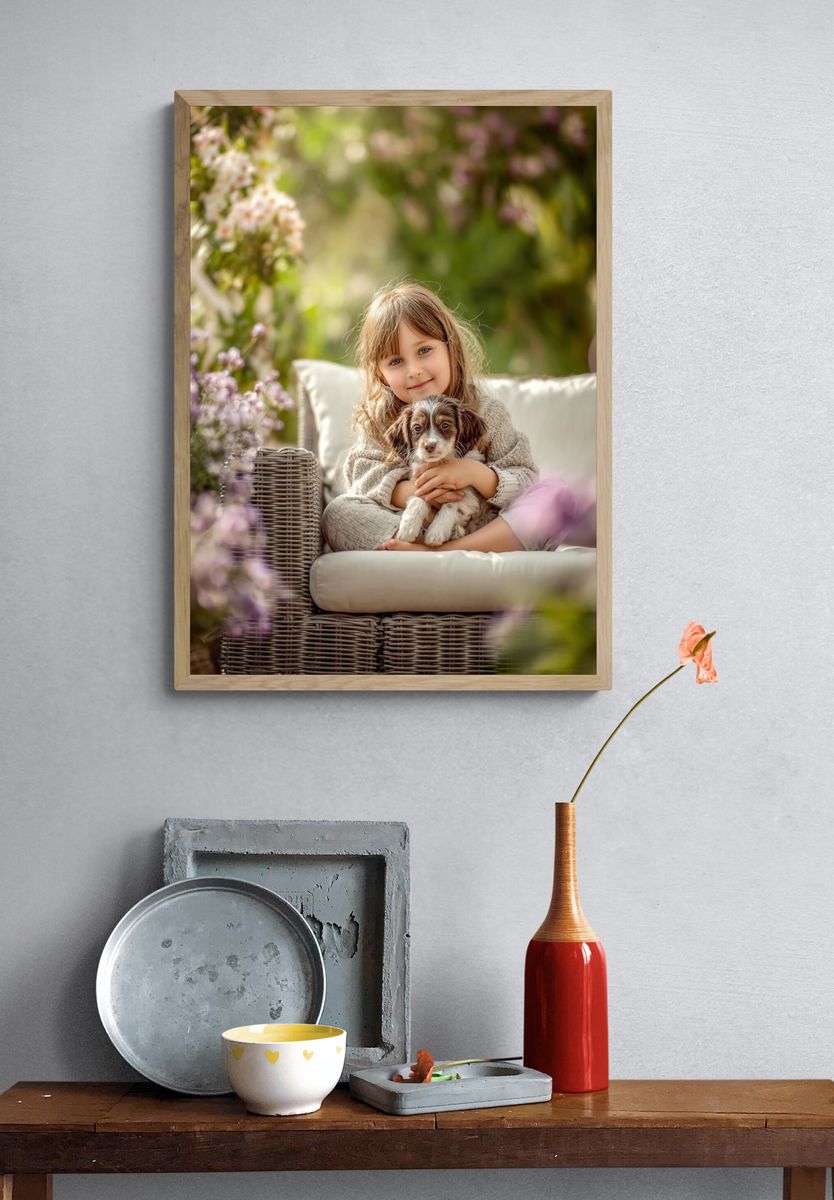 Girl with Puppy — Photography Print. — room view 3
