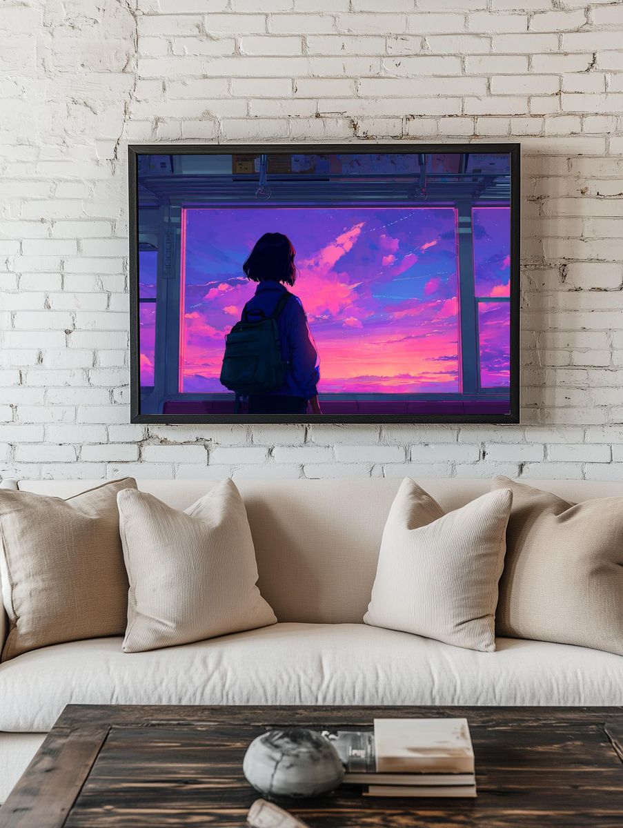 Girl Watching Sunset — Digital Art Print. — room view 1