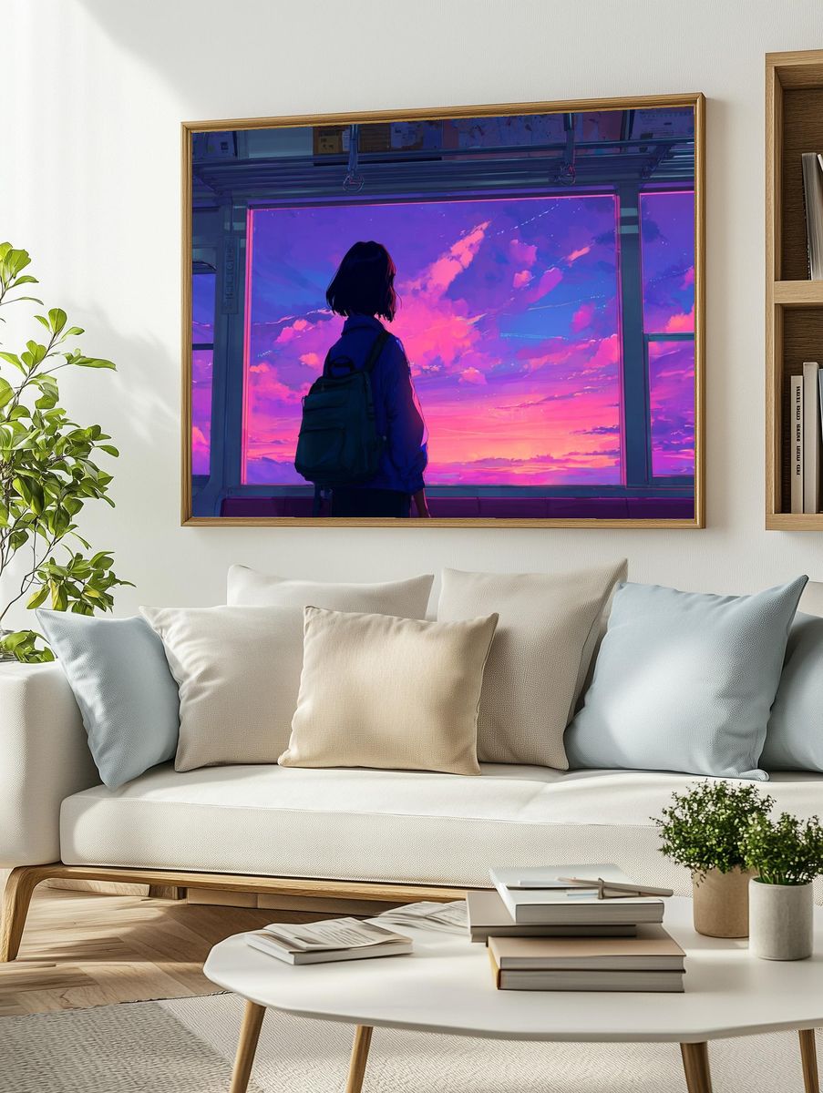 Girl Watching Sunset — Digital Art Print. — room view 2