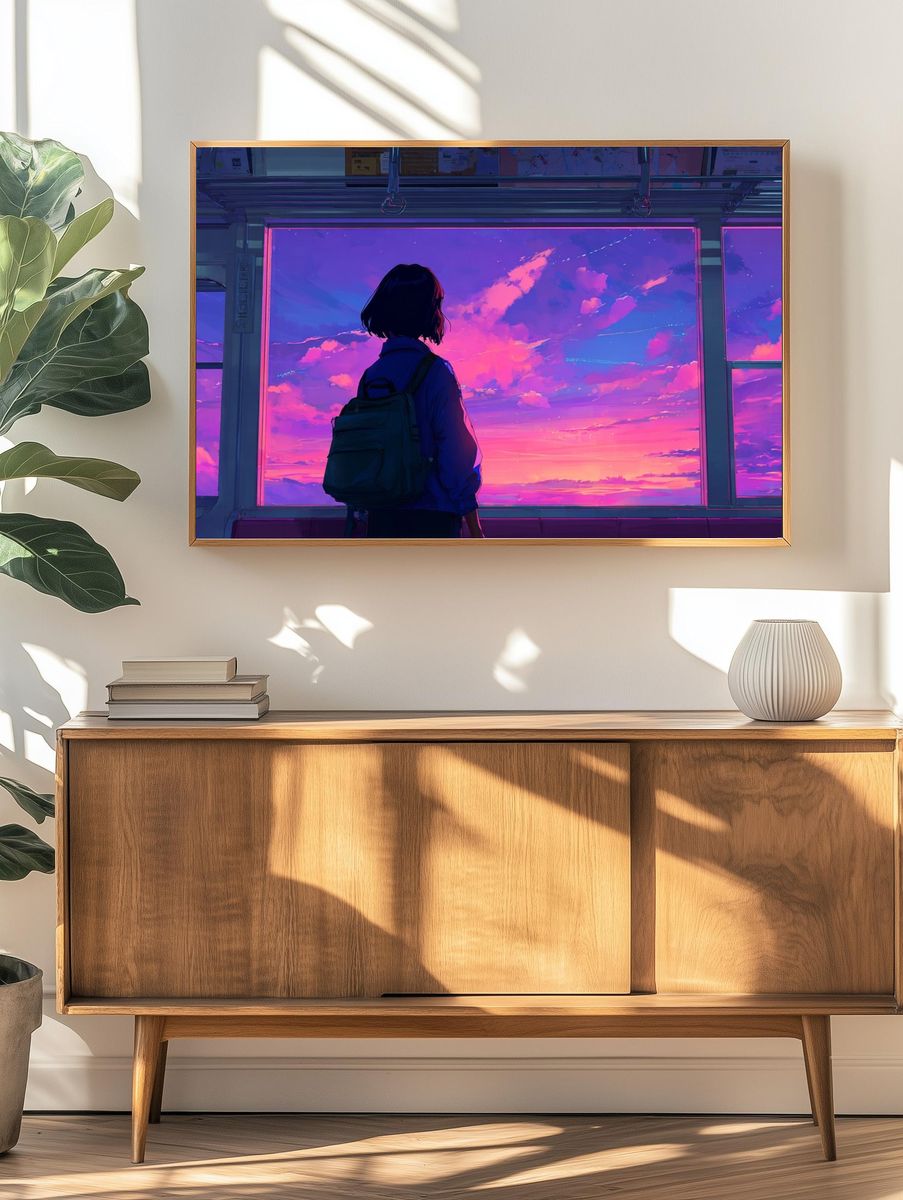 Girl Watching Sunset — Digital Art Print. — room view 3