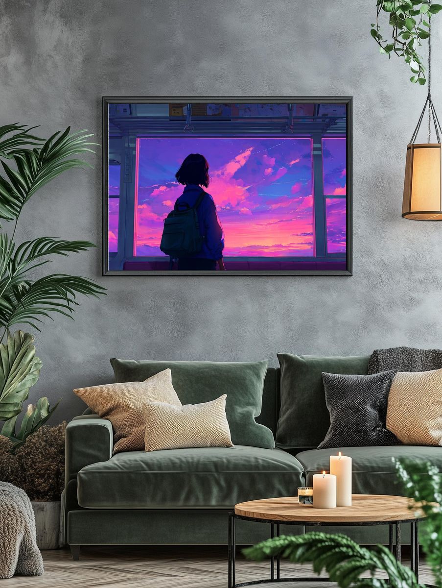 Girl Watching Sunset — Digital Art Print. — room view 4