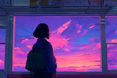Girl Watching Sunset — Digital Art Print. poster print