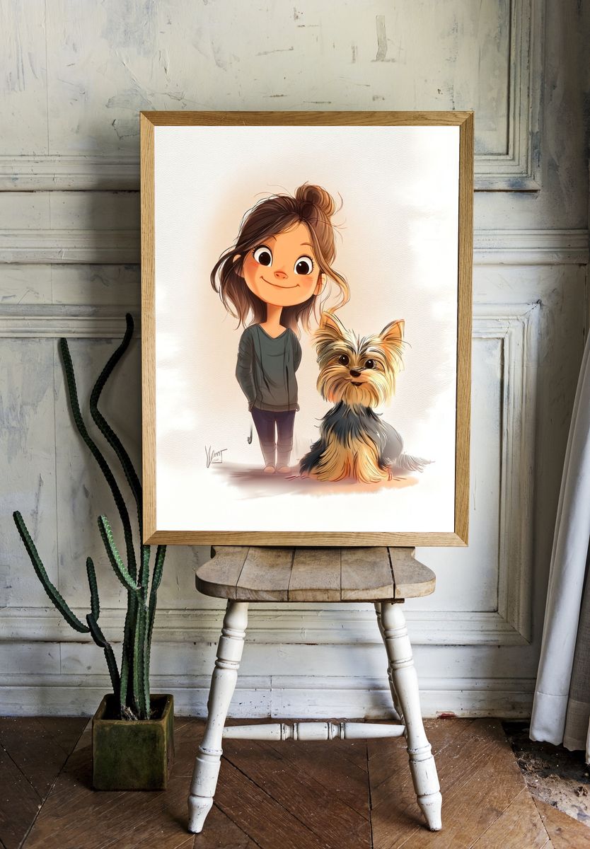 Girl with Yorkshire Terrier — Illustration Print. — room view 1