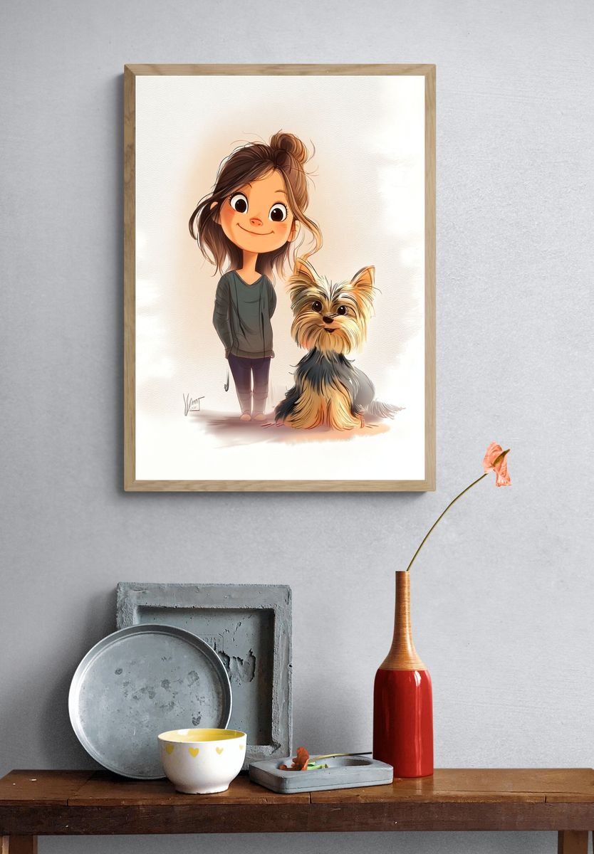 Girl with Yorkshire Terrier — Illustration Print. — room view 3
