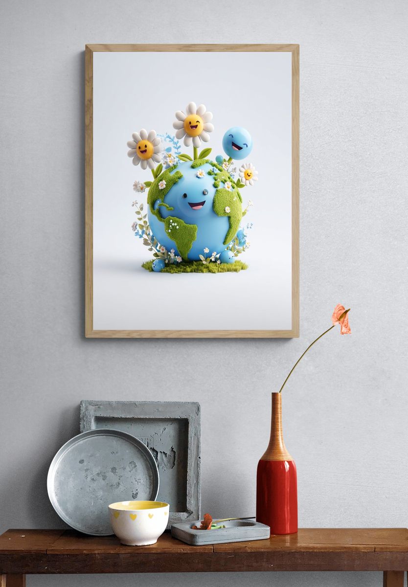 Happy Earth with Flowers — Illustration Print. — room view 3