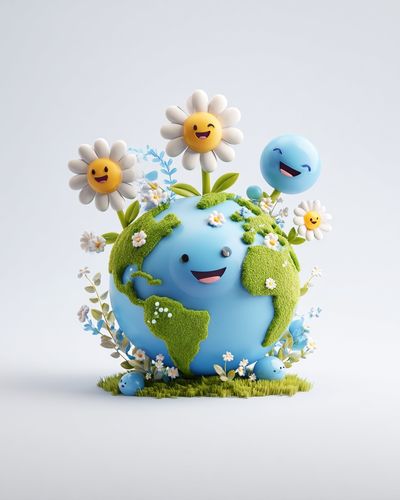 Happy Earth with Flowers — Illustration Print. poster print