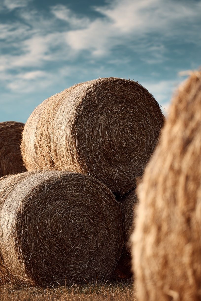 Hay Bales in Blue Sky Poster. poster detail