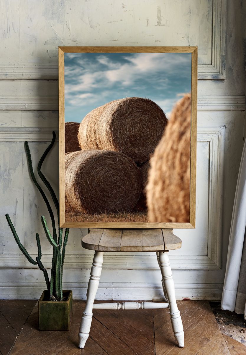 Hay Bales in Blue Sky Poster. room preview