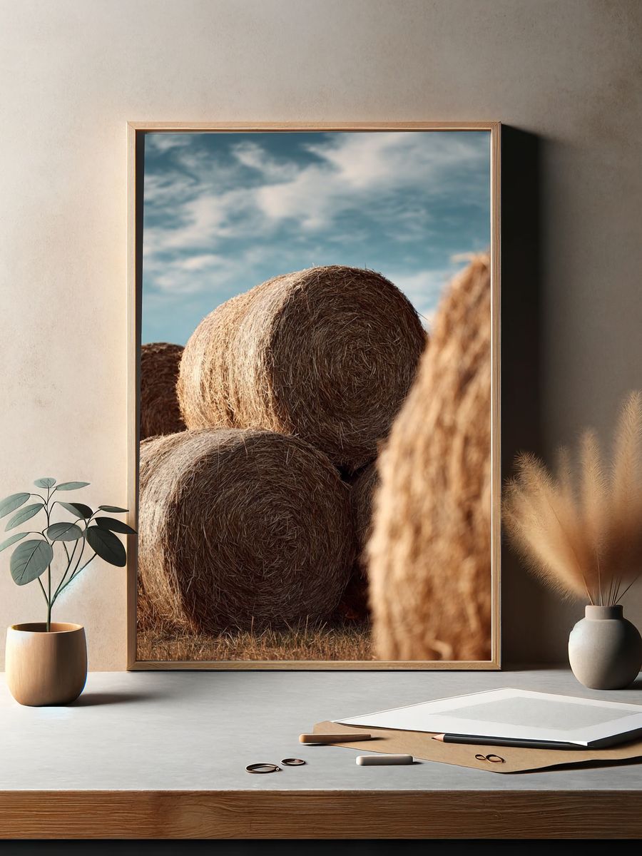 Hay Bales in Blue Sky Poster. — room view 2