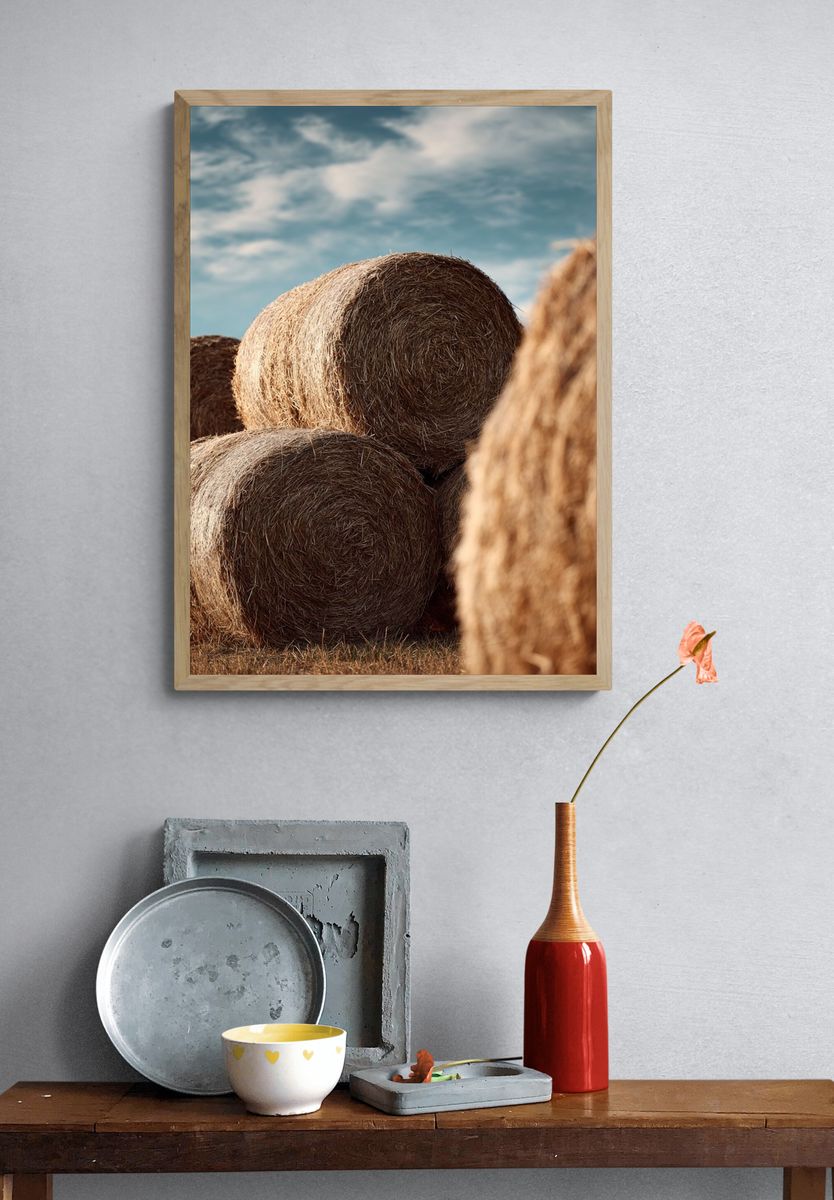 Hay Bales in Blue Sky Poster. — room view 3