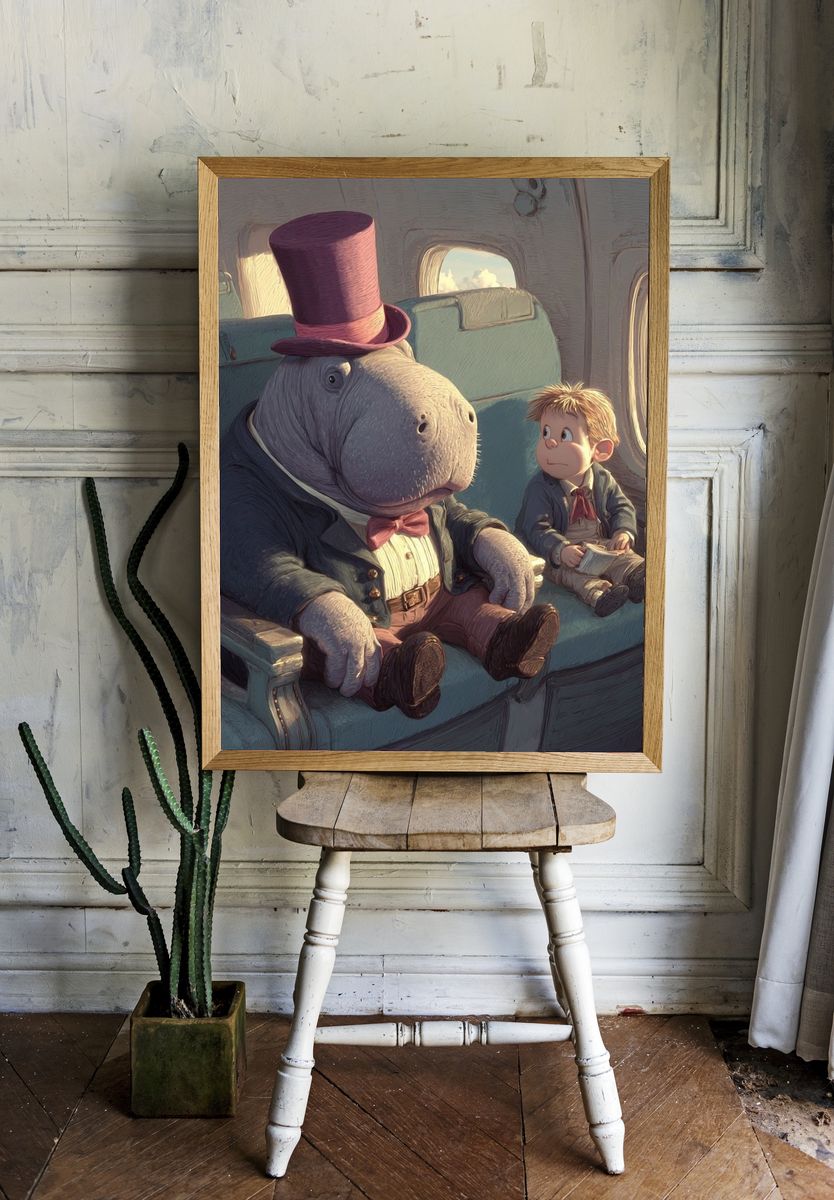 Whimsical Hippo and Boy — Illustration Print. — room view 1