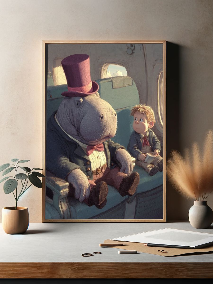 Whimsical Hippo and Boy — Illustration Print. — room view 2