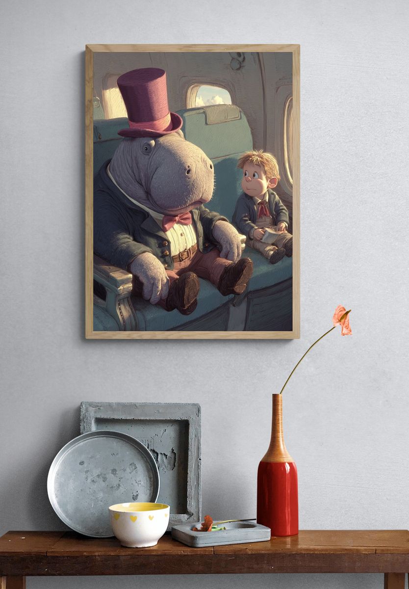 Whimsical Hippo and Boy — Illustration Print. — room view 3