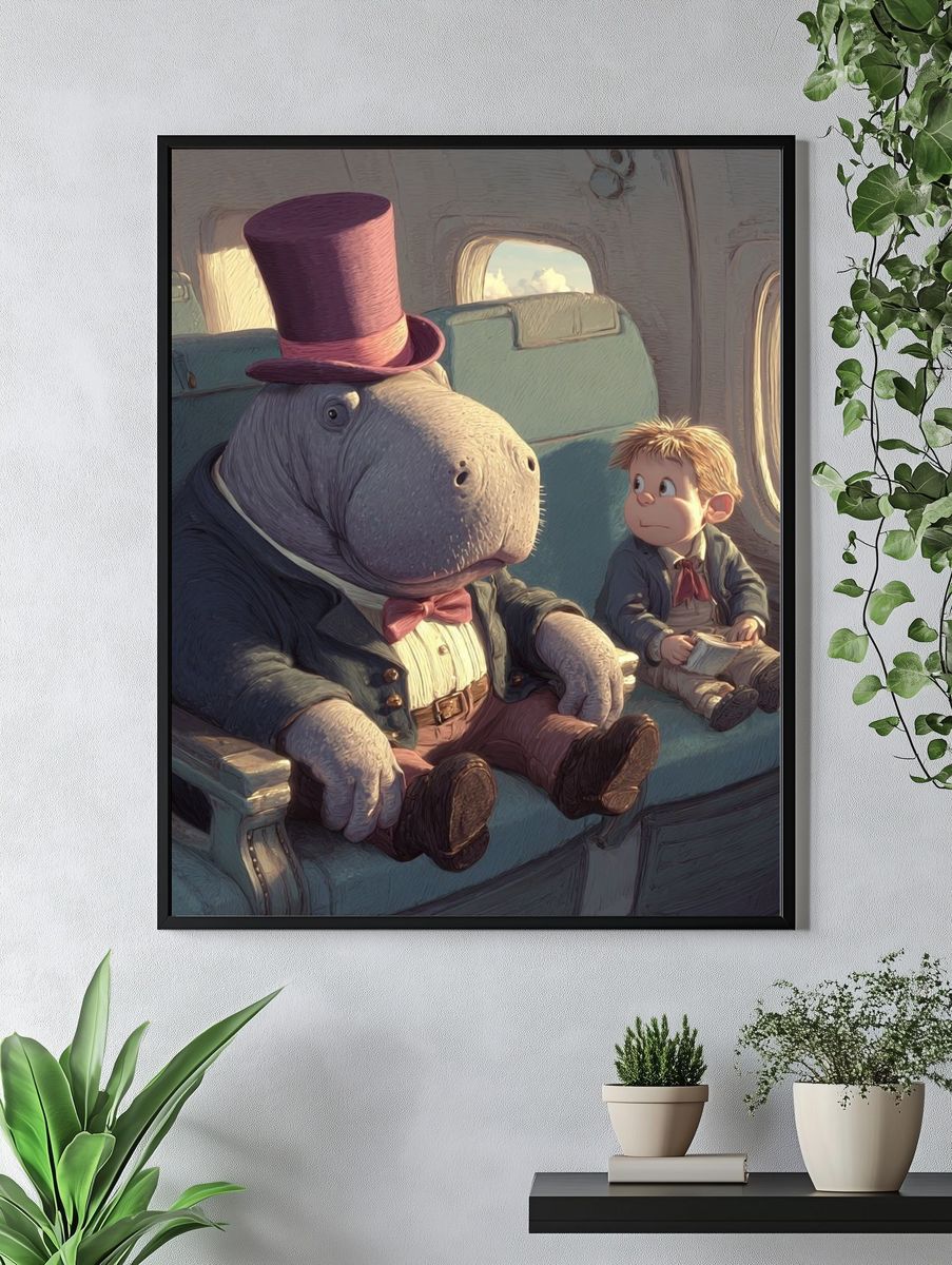 Whimsical Hippo and Boy — Illustration Print. — room view 4