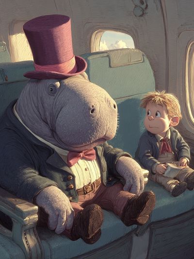 Whimsical Hippo and Boy — Illustration Print. poster