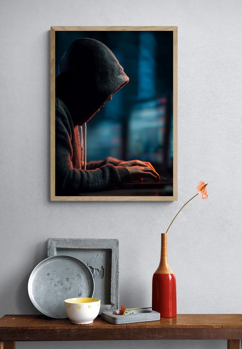 Hacker at Work — Digital Art Print. — room view 3