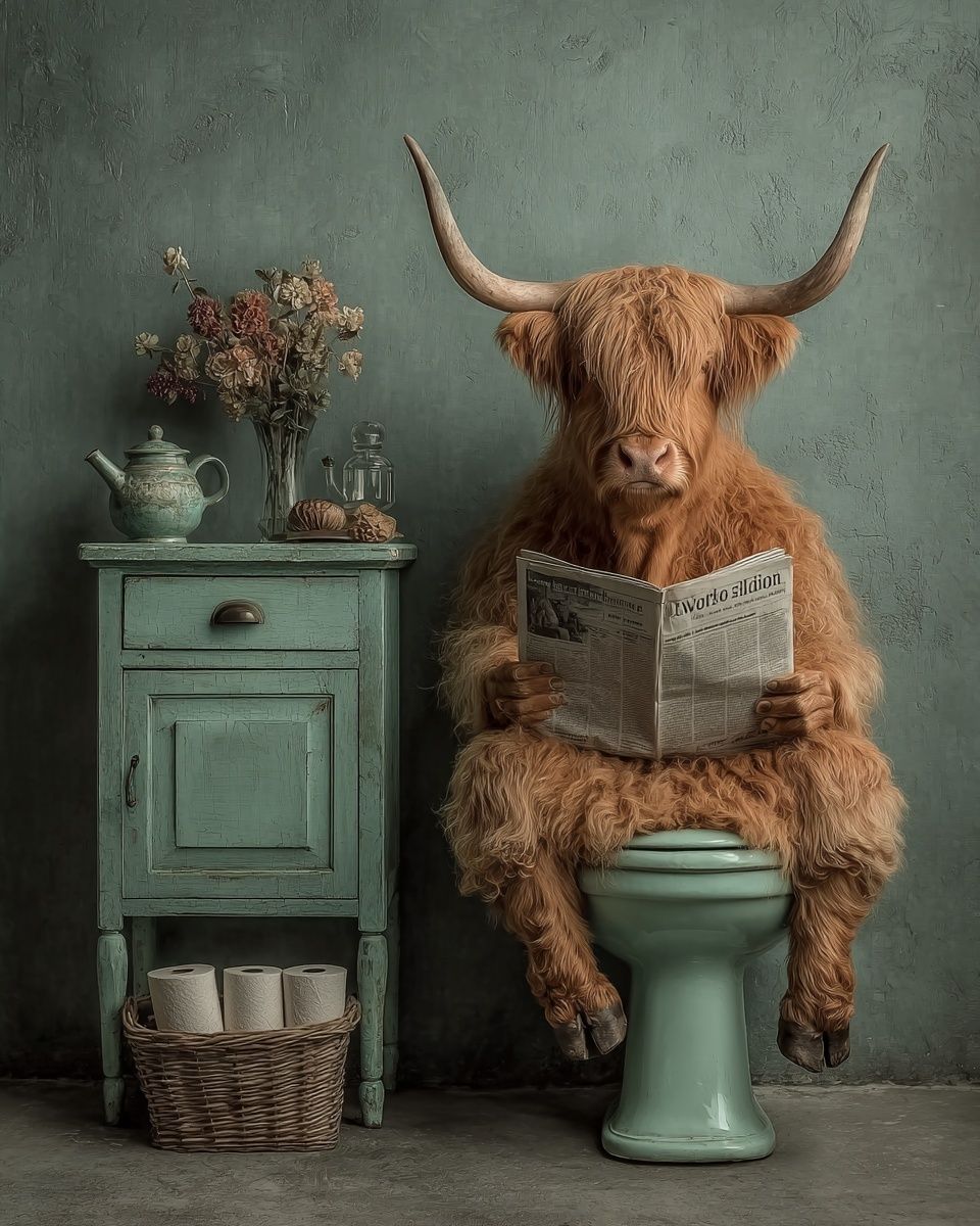 Highland Cow Reading Newspaper — Funny Print. poster — animals art
