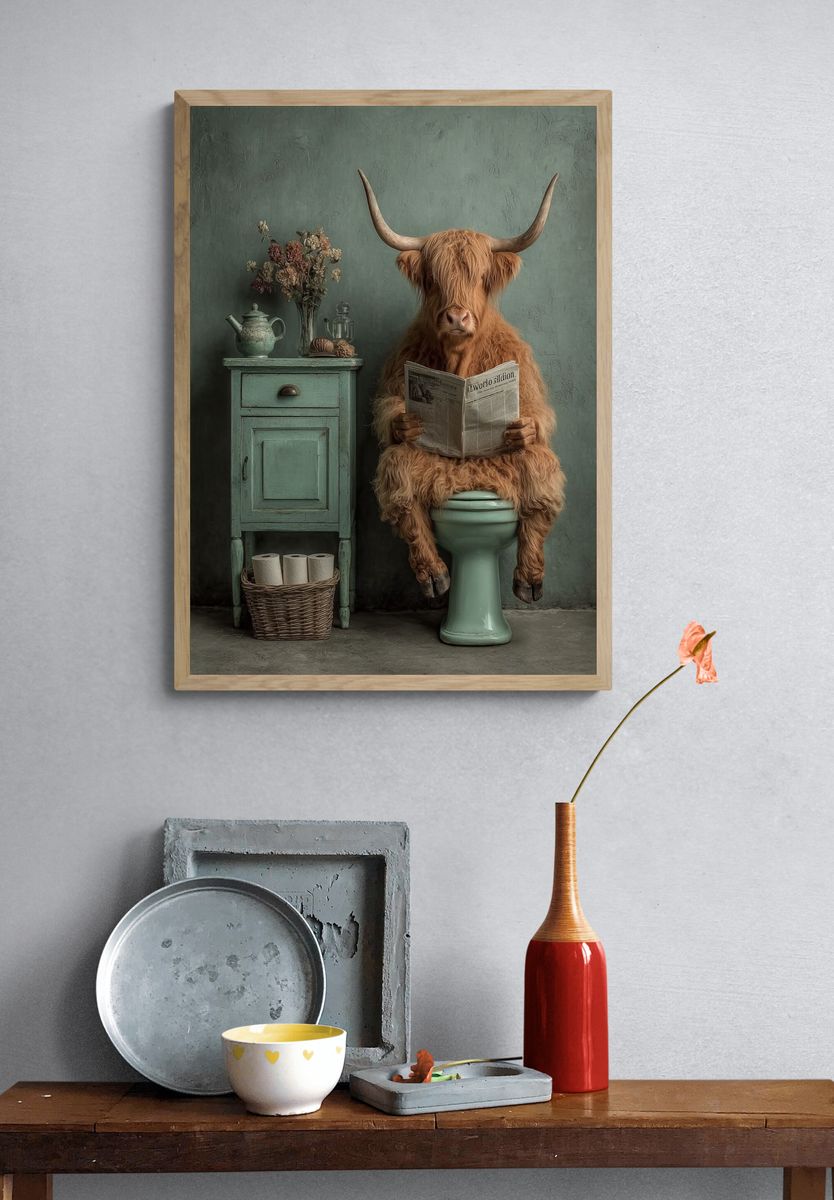 Highland Cow Reading Newspaper — Funny Print. — room view 3