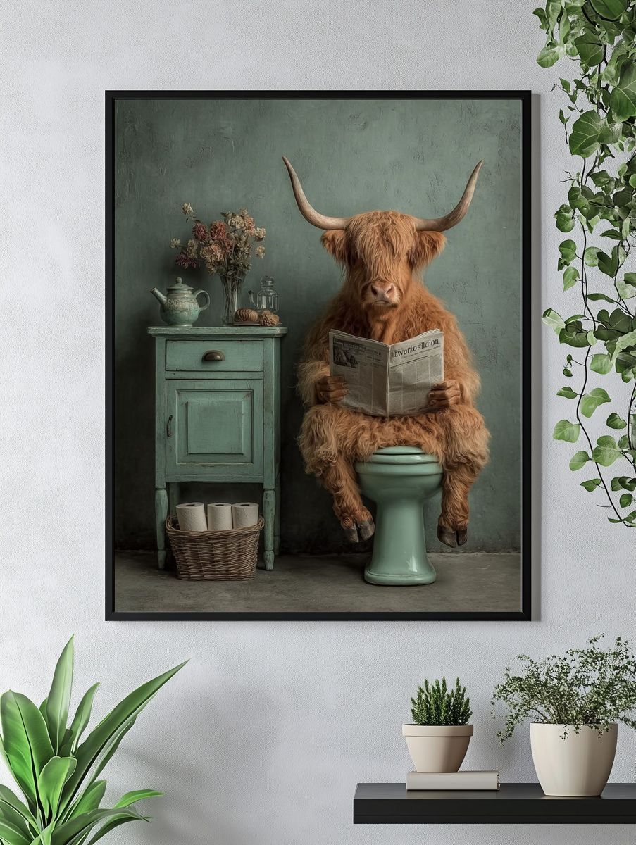 Highland Cow Reading Newspaper — Funny Print. — room view 4