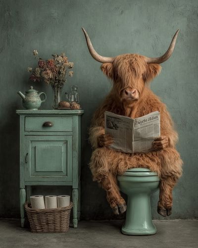 Highland Cow Reading Newspaper — Funny Print. poster print