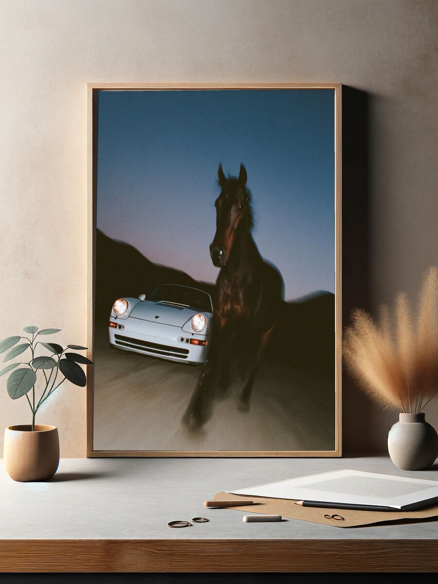 Horse and Car — Photography Print. — room view 2