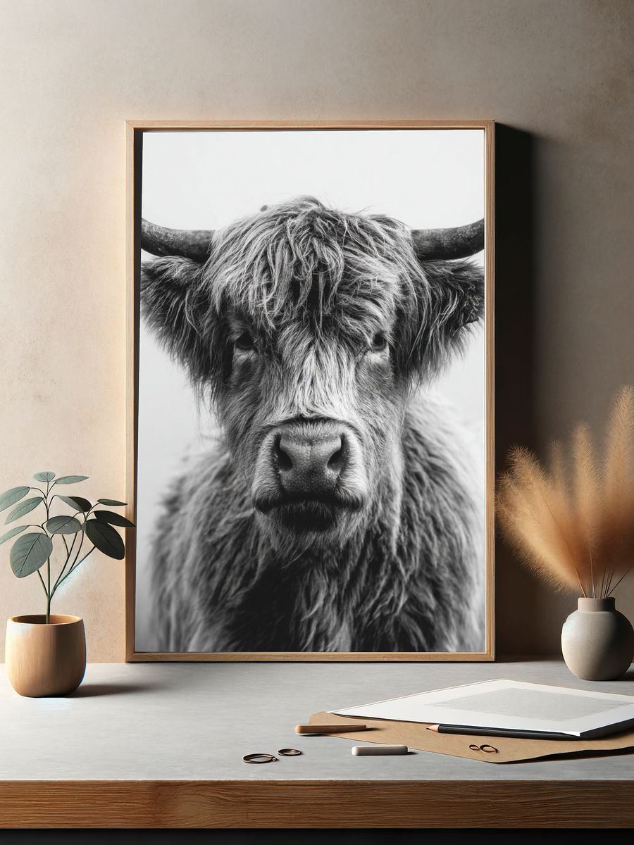 Highland Cow — Black and White Print. — room view 2