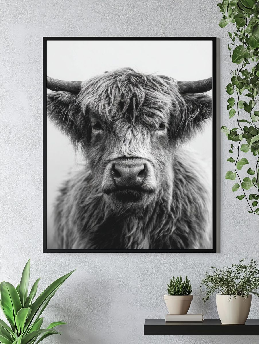 Highland Cow — Black and White Print. — room view 4