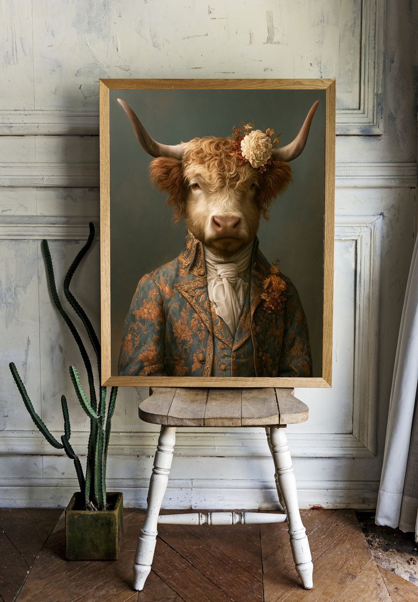 Floral Highland Cow Portrait Print. room preview