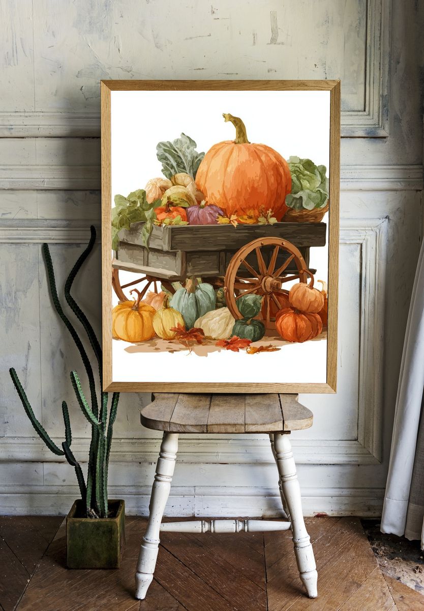 Harvest Cart with Pumpkins — Illustration Print. — room view 1