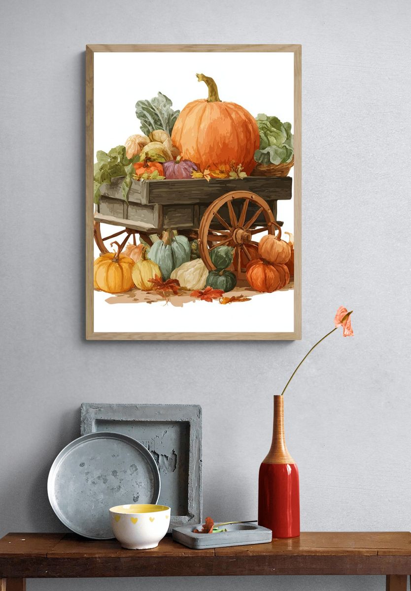 Harvest Cart with Pumpkins — Illustration Print. — room view 3