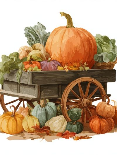 Harvest Cart with Pumpkins — Illustration Print. poster