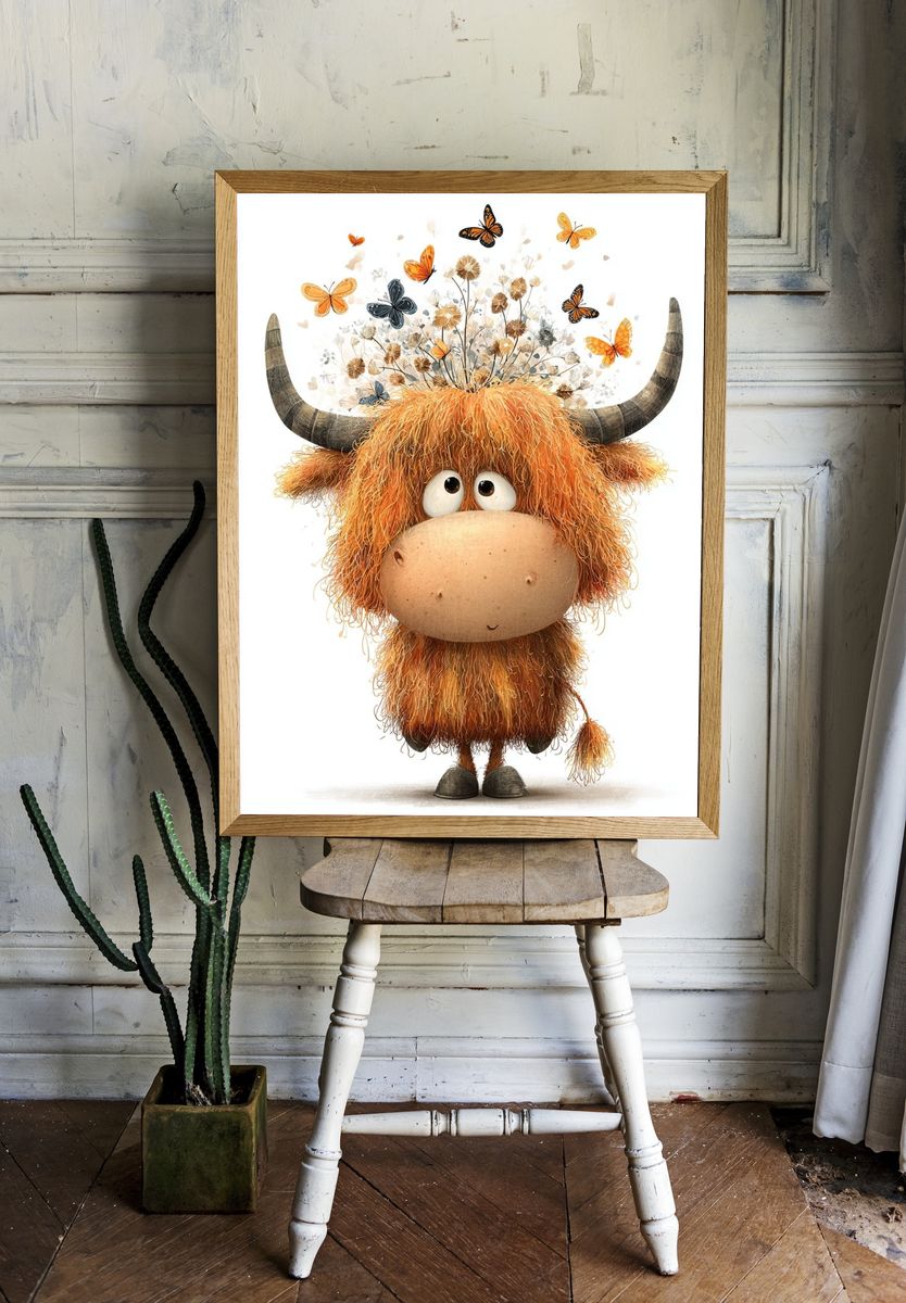 Cute Highland Cow with Butterflies — Illustration Print. — room view 1