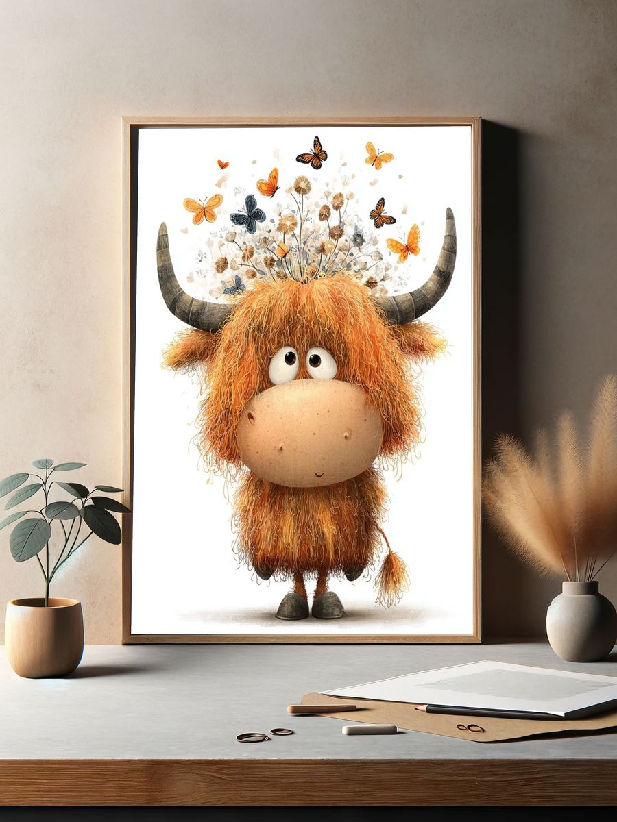 Cute Highland Cow with Butterflies — Illustration Print. — room view 2