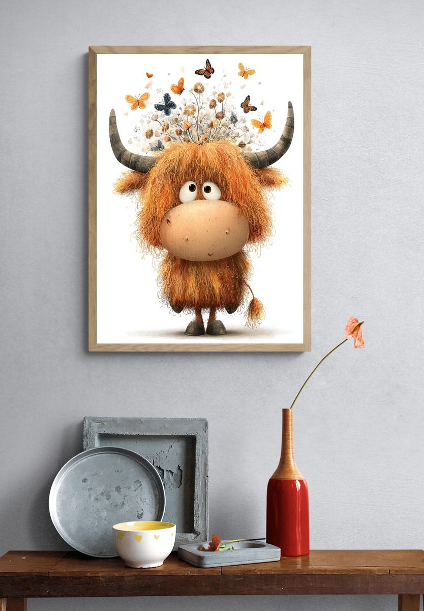 Cute Highland Cow with Butterflies — Illustration Print. — room view 3
