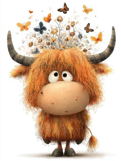 Cute Highland Cow with Butterflies — Illustration Print. poster print