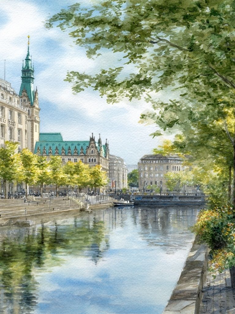 Hamburg Canal — Watercolor Print. poster — fine-art art